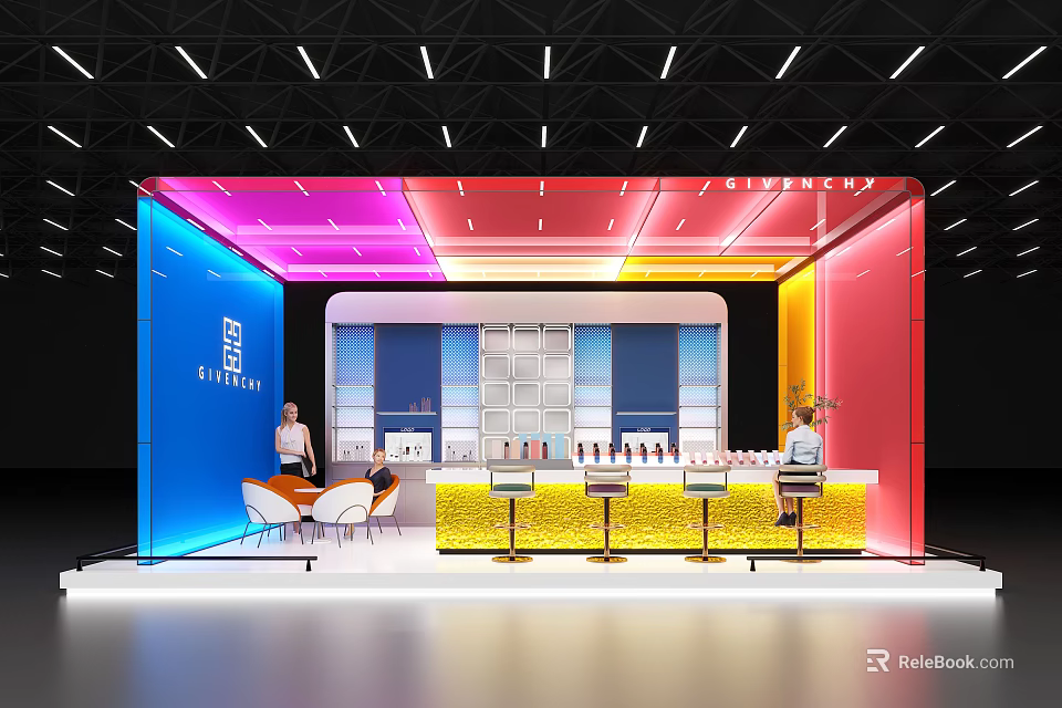 Vibrant Modern Exhibition Booth With Colorful Panels Display Shelves And Reception Counter 3d model 