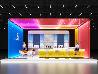 Vibrant Modern Exhibition Booth With Colorful Panels Display Shelves And Reception Counter 3d model