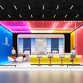 Vibrant Modern Exhibition Booth With Colorful Panels Display Shelves And Reception Counter