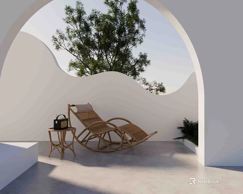 Wicker Rocking Chair Outdoor Patio With Small Table Black Bag Green Tree And White Walls 3d model 