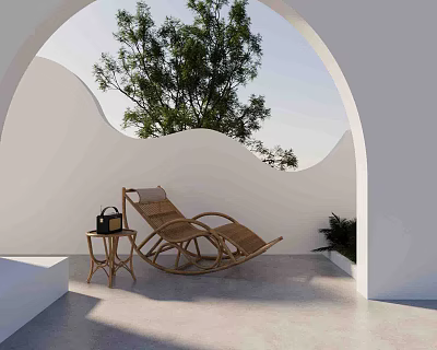 Wicker Rocking Chair Outdoor Patio With Small Table Black Bag Green Tree And White Walls 3d model
