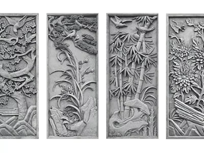 Detailed Traditional Chinese Carved Panels With Trees Bamboo Flowers And Birds 3d model