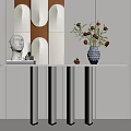 Modern Decorative Console Table with Vase Sculpture and Geometric Wall Art