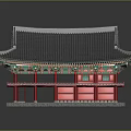 Ancient Traditional Building With Gray Tiled Roof Red Pillars Green Decorations And Stone Platform Base