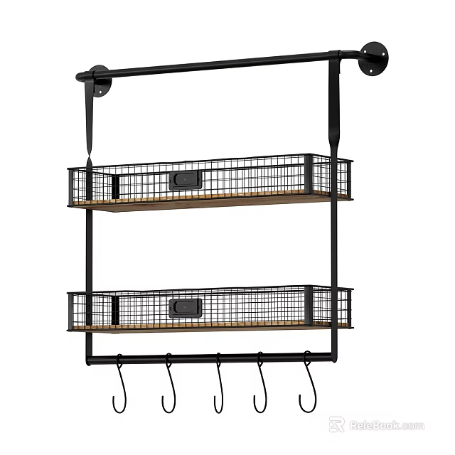 Hanging Two Tier Floating Shelf With Metal Wire Baskets Wooden Shelves And Bottom Hooks 3d model 