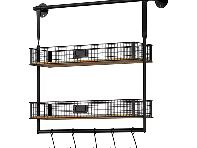 Hanging Two Tier Floating Shelf With Metal Wire Baskets Wooden Shelves And Bottom Hooks 3d model