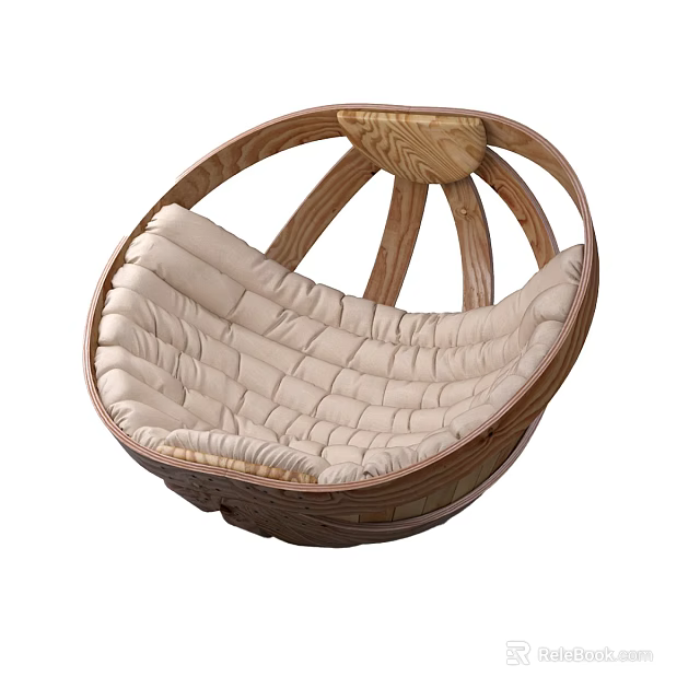 Stylish Wicker Hanging Chair With Beige Padded Cushion And Rattan Frame 3d model 