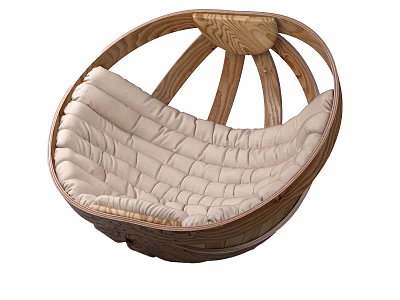 Stylish Wicker Hanging Chair With Beige Padded Cushion And Rattan Frame 3d model