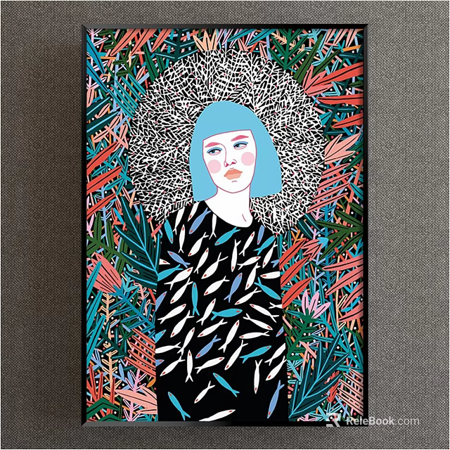 Portrait Painting of Woman with Blue Hair in Black Feather Top and Colorful Leaves 3d model 