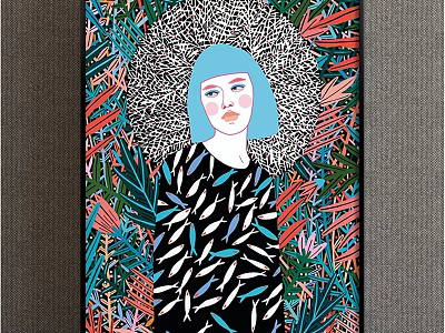 Portrait Painting of Woman with Blue Hair in Black Feather Top and Colorful Leaves 3d model