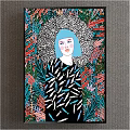 Portrait Painting of Woman with Blue Hair in Black Feather Top and Colorful Leaves