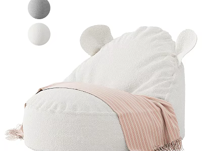 White Plush Bean Bag Chair With Ear Shaped Design And Pink Striped Fringed Blanket 3d model