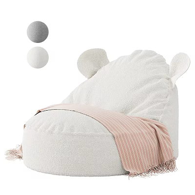 White Plush Bean Bag Chair With Ear Shaped Design And Pink Striped Fringed Blanket 3d model