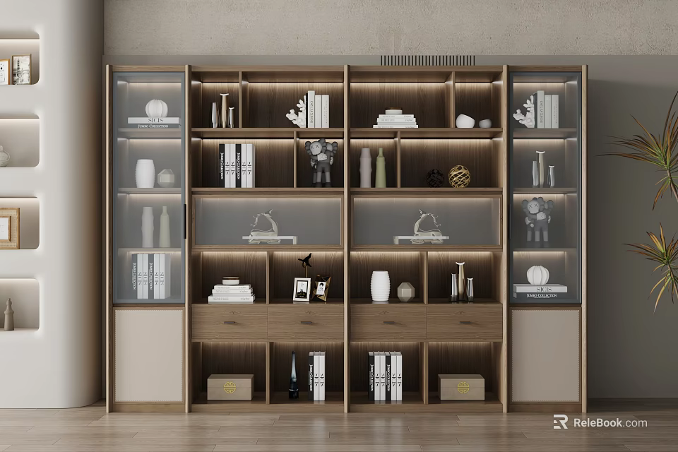 Modern Wooden Bookcase With Glass Doors Open Shelves Books Decorative Items And Storage Boxes 3d model 