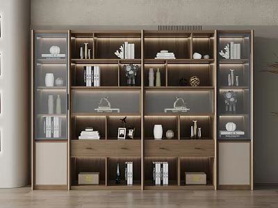 Modern Wooden Bookcase With Glass Doors Open Shelves Books Decorative Items And Storage Boxes 3d model