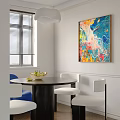 Modern Living Dining Room With Blue Sofa Yellow Chair Round Rug And Large Windows
