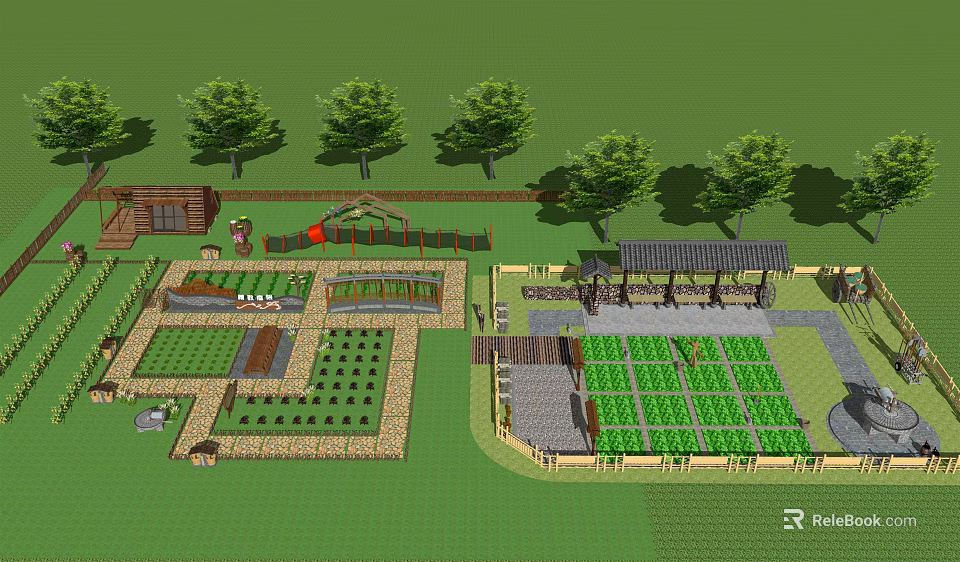Well Designed Vegetable Garden Layout With Planting Beds Trees Pergola And Paths 3d model 