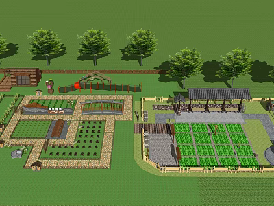 Well Designed Vegetable Garden Layout With Planting Beds Trees Pergola And Paths 3d model