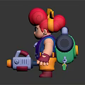 Animated 3D Game Character With Red Hair Mechanical Backpack Spray Gun Blue Vest Yellow Pants