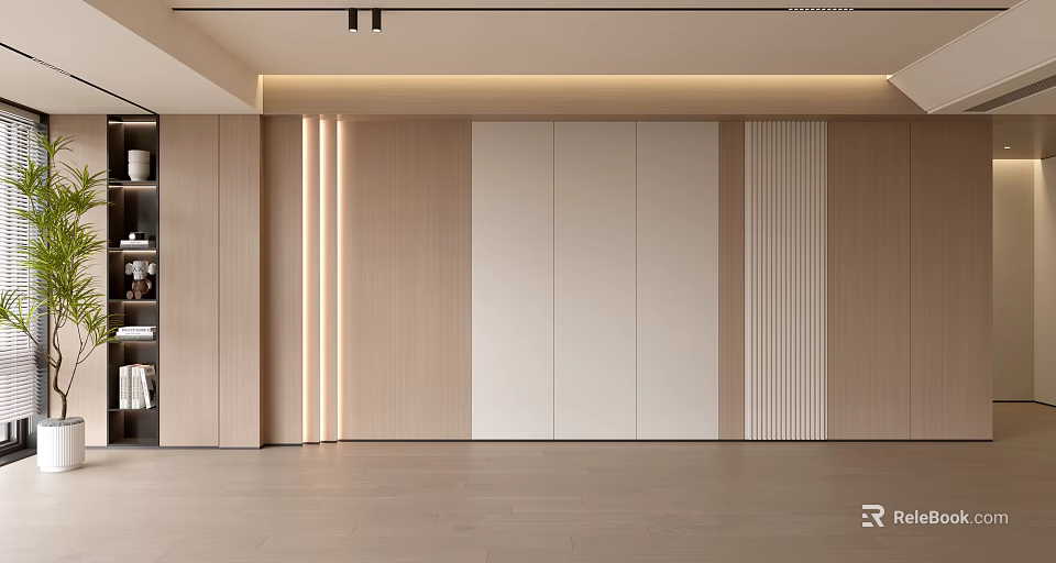 Modern Minimalist Sofa Background Wall With Wooden White Panels And Recessed Strip Lights 3d model 