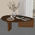 Modern Round Wooden Coffee Table With Vase Dried Branches Books Tray In Bright Room