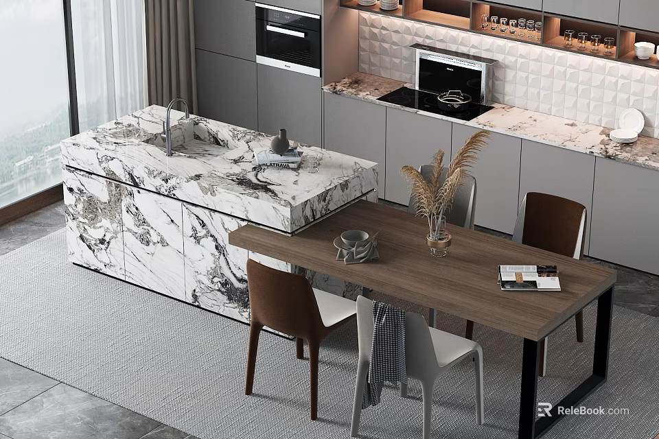 Modern Bar Counter With Marble Top And Dining Table In Kitchen Area 3d model 