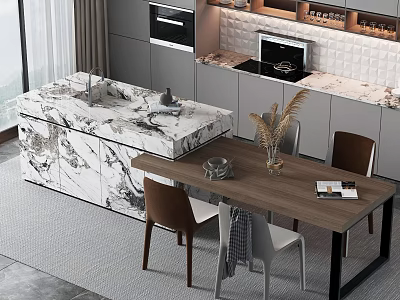 Modern Bar Counter With Marble Top And Dining Table In Kitchen Area 3d model