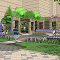 Tranquil Garden Landscape with Blue Pool and Pink Flowering Trees Near High Rise Buildings