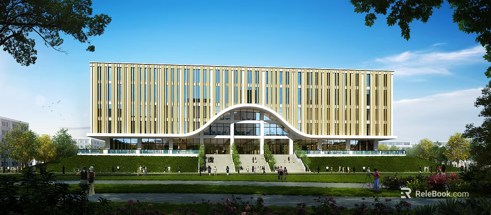 Modern School Building With Golden Facade Glass Elements Steps Greenery And People Around 3d model 