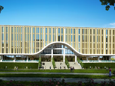 Modern School Building With Golden Facade Glass Elements Steps Greenery And People Around 3d model