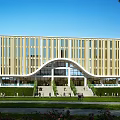 Modern School Building With Golden Facade Glass Elements Steps Greenery And People Around