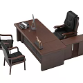 Dark Brown Wooden Office Desk With Black Leather Chairs And Computer Monitor Documents Deer Figurine