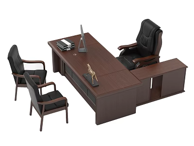 Dark Brown Wooden Office Desk With Black Leather Chairs And Computer Monitor Documents Deer Figurine 3d model