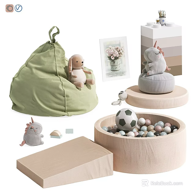 Kids Playroom Stuffed Rabbit Unicorn Green Bean Bag Wooden Basin With Colorful Balls Soccer Ball 3d model 