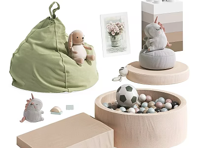 Kids Playroom Stuffed Rabbit Unicorn Green Bean Bag Wooden Basin With Colorful Balls Soccer Ball 3d model
