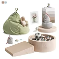 Kids Playroom Stuffed Rabbit Unicorn Green Bean Bag Wooden Basin With Colorful Balls Soccer Ball