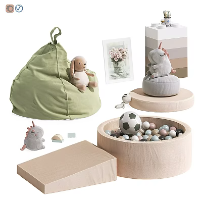 Kids Playroom Stuffed Rabbit Unicorn Green Bean Bag Wooden Basin With Colorful Balls Soccer Ball 3d model