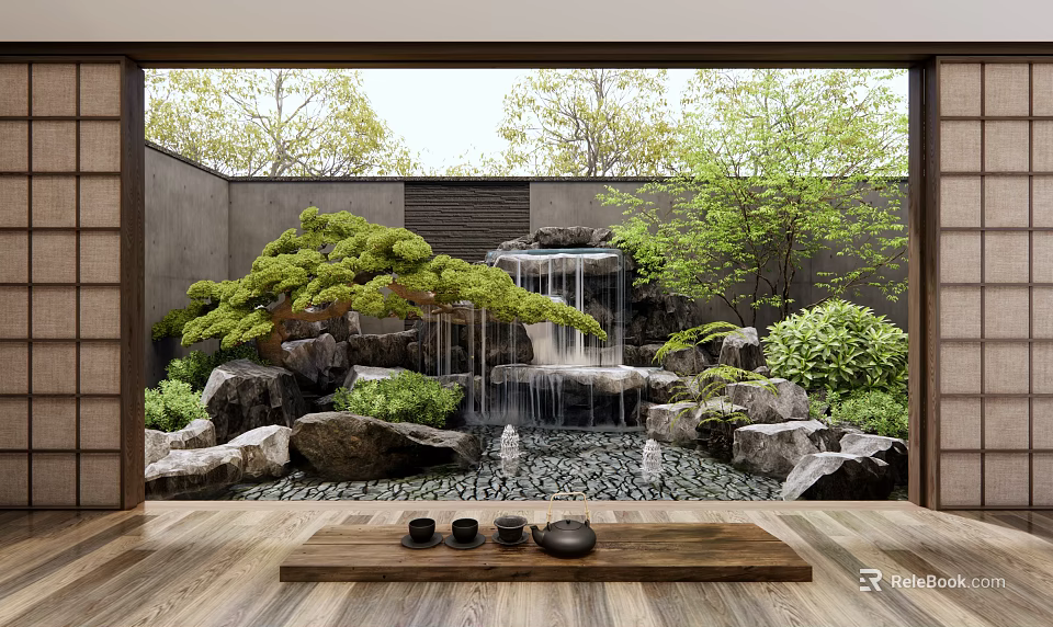 Rockery Stones with Waterfall and Green Plants in Zen Garden Wooden Platform and Tea Set 3d model 