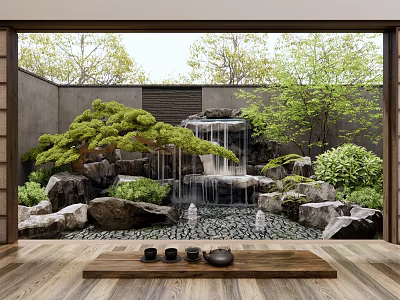 Rockery Stones with Waterfall and Green Plants in Zen Garden Wooden Platform and Tea Set 3d model