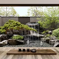 Rockery Stones with Waterfall and Green Plants in Zen Garden Wooden Platform and Tea Set