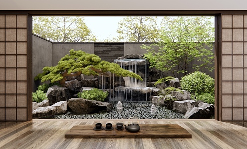 Japanese-style courtyard rockery water feature 3d model