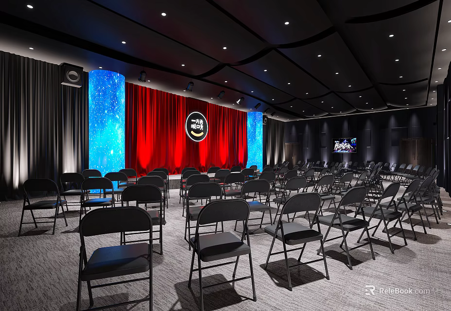 Contemporary Event Venue Stage With Red Curtains Blue Starry Backdrop And Black Chairs 3d model 