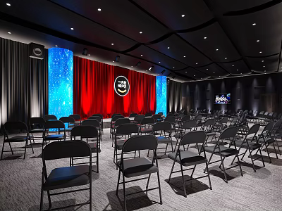 Contemporary Event Venue Stage With Red Curtains Blue Starry Backdrop And Black Chairs 3d model