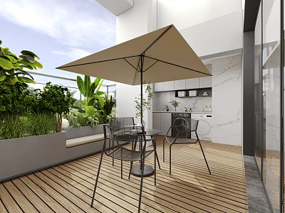 Elegant Balcony Space With Wooden Deck Beige Umbrella Table Chairs And Green Plants 3d model