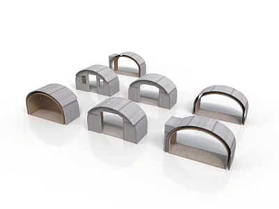 Gray Arc Shaped Wooden Furniture Pieces With Small Arch Structures In Multiple Styles 3d model