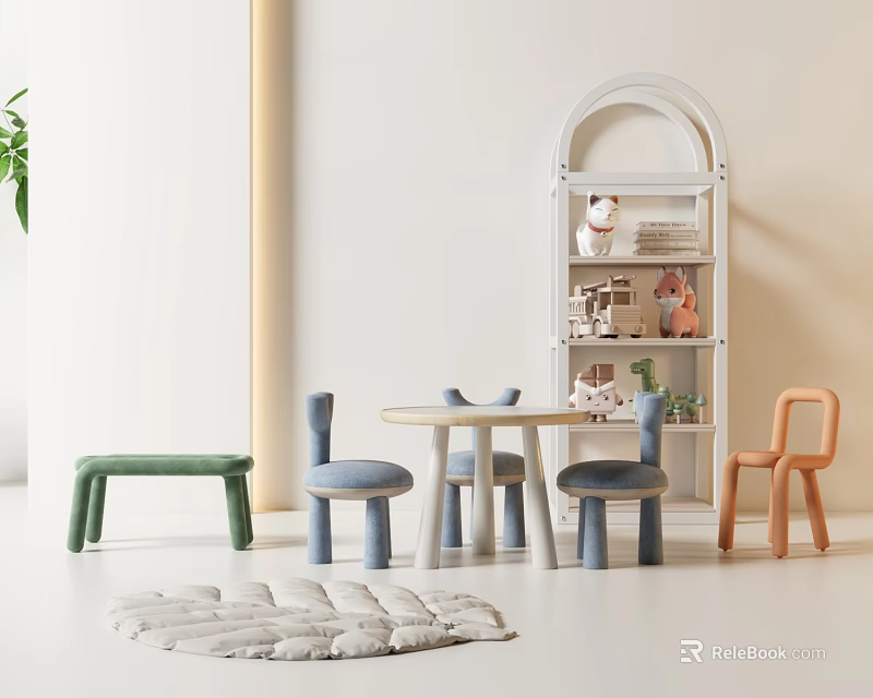Cozy Kids Play Area With Round Children Table Chairs And Bookshelf 3d model 