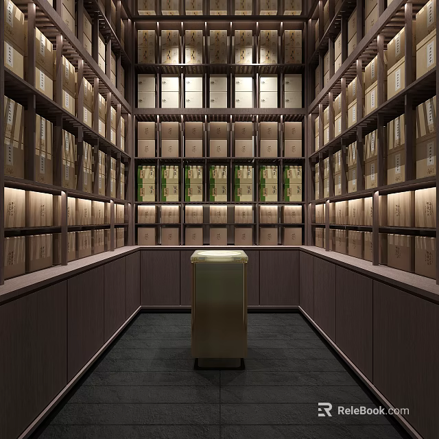 Organized Storage Room Interior With Neatly Arranged Bookshelves And Central Golden Stand 3d model 