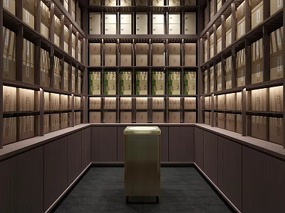 Organized Storage Room Interior With Neatly Arranged Bookshelves And Central Golden Stand 3d model