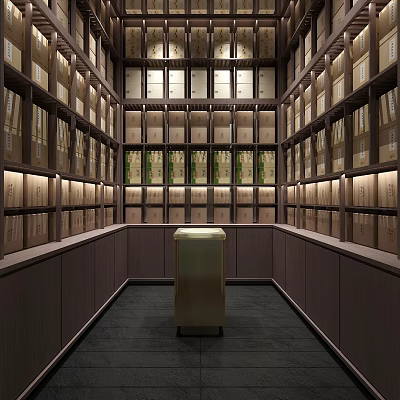 Organized Storage Room Interior With Neatly Arranged Bookshelves And Central Golden Stand 3d model