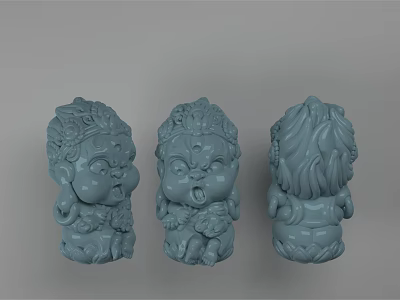 Three Blue Cartoon Style Sculptures Hand Carved With Detailed Decorative Features 3d model
